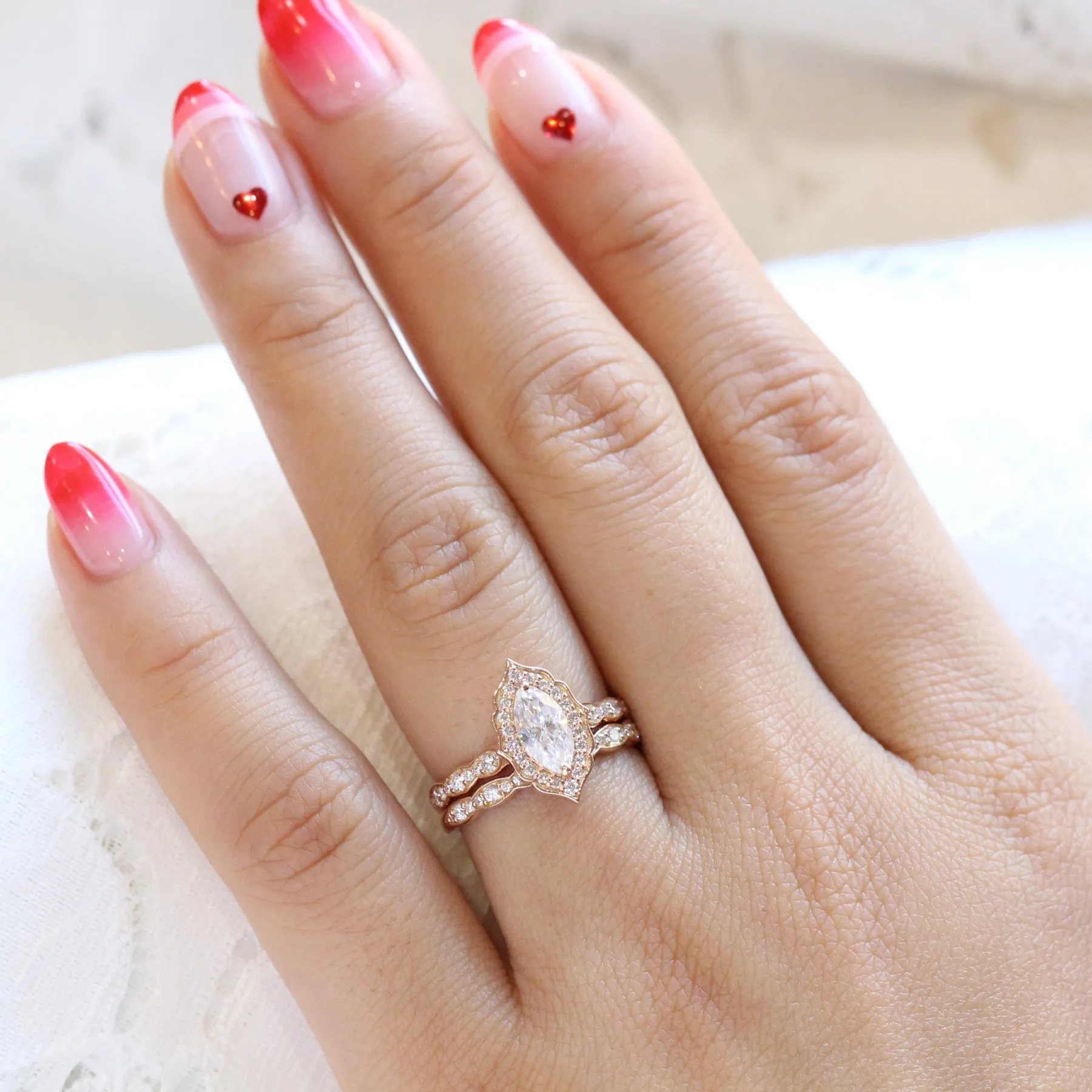 Vintage Floral Marquise Ring Set w/ Moissanite and Matching Diamond Band