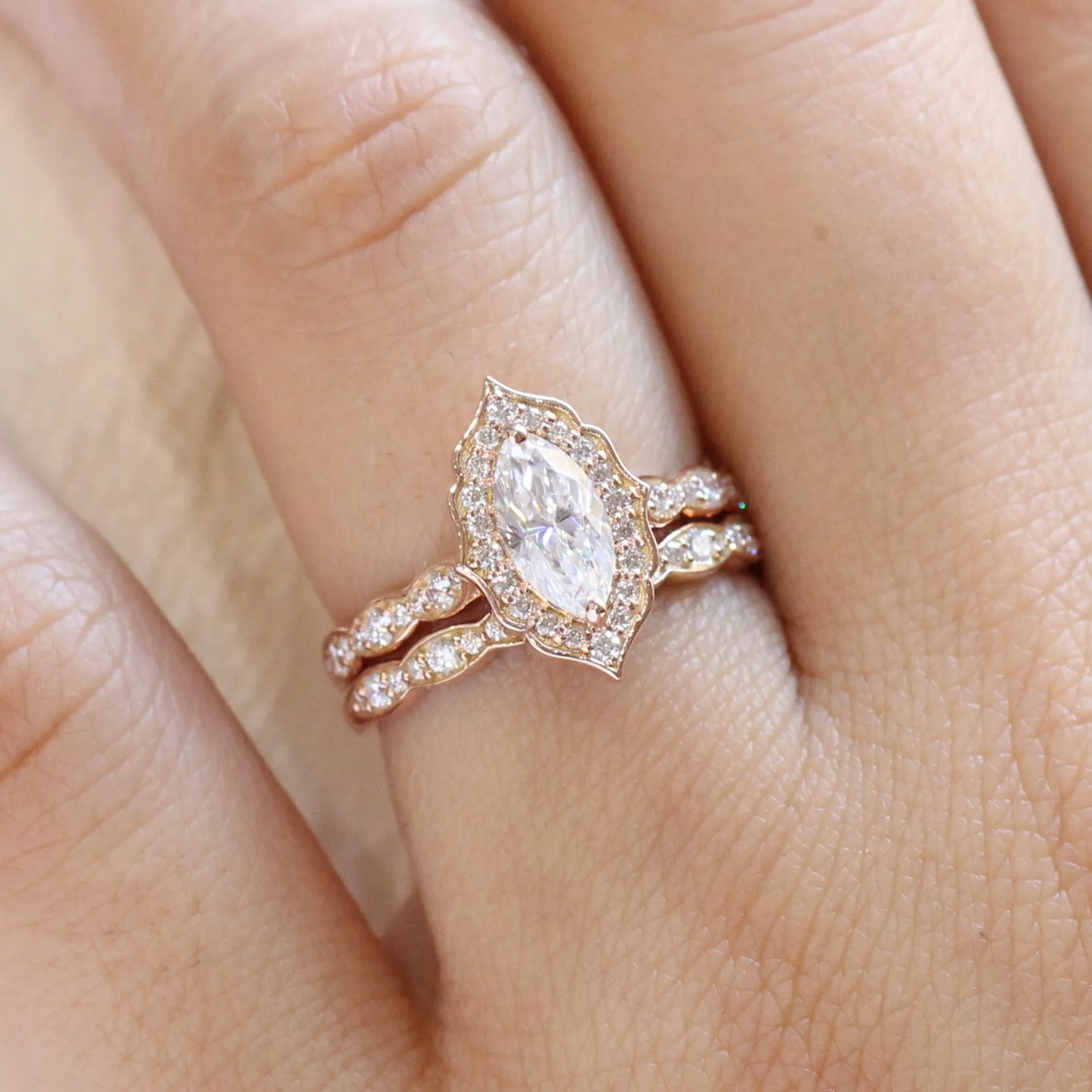 Vintage Floral Marquise Ring Set w/ Moissanite and Matching Diamond Band