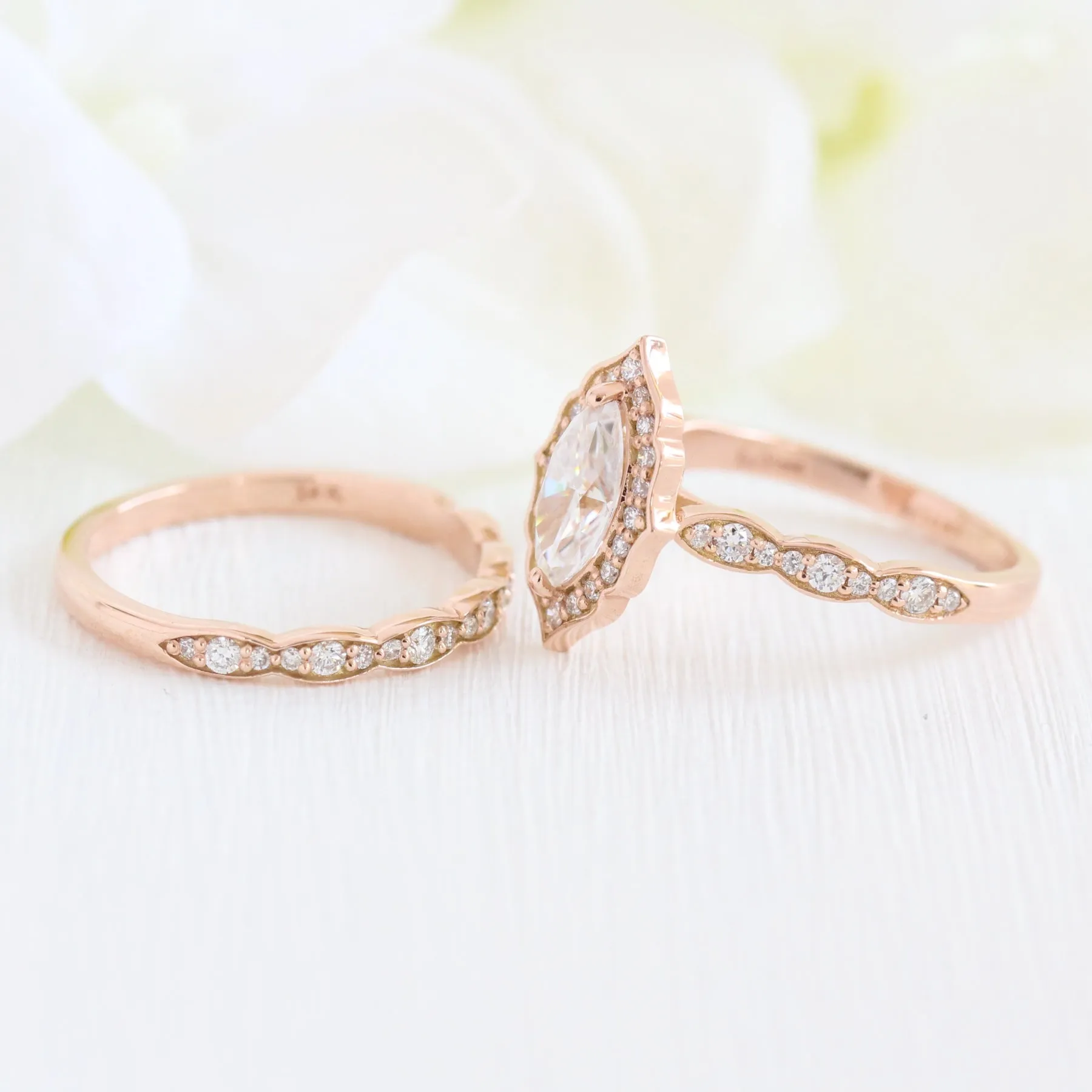 Vintage Floral Marquise Ring Set w/ Moissanite and Matching Diamond Band