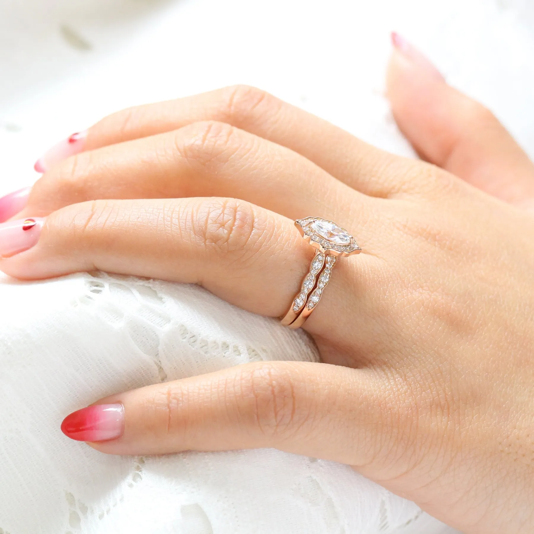 Vintage Floral Marquise Ring Set w/ Moissanite and Matching Diamond Band