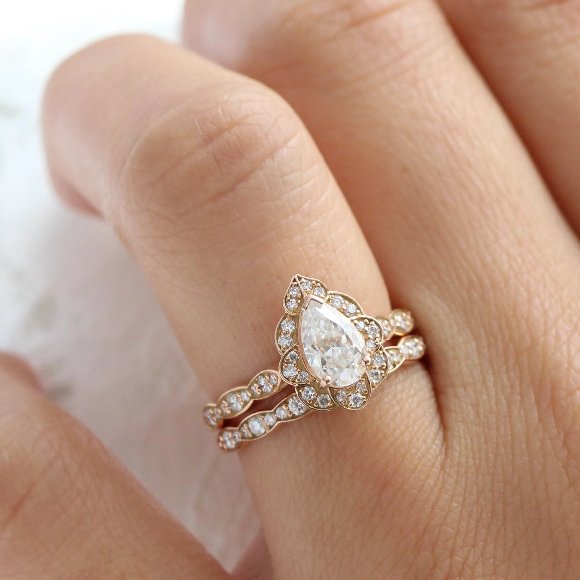 Vintage Floral Pear Ring Bridal Set w/ Moissanite and Matching Diamond Band