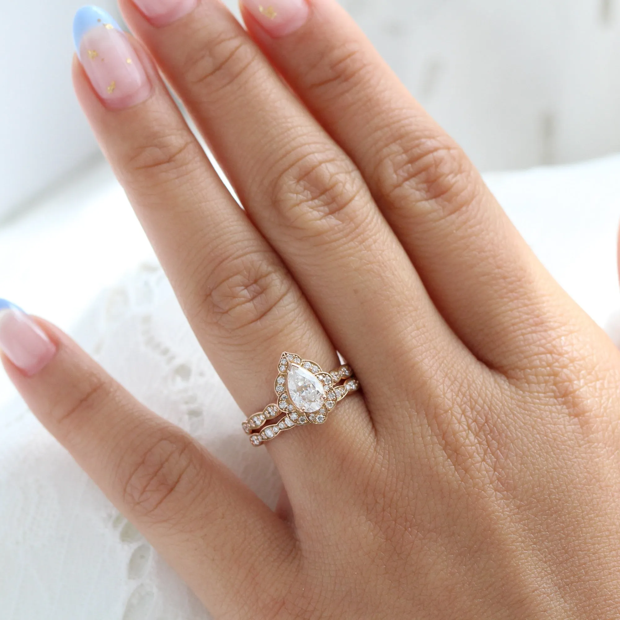 Vintage Floral Pear Ring Bridal Set w/ Moissanite and Matching Diamond Band