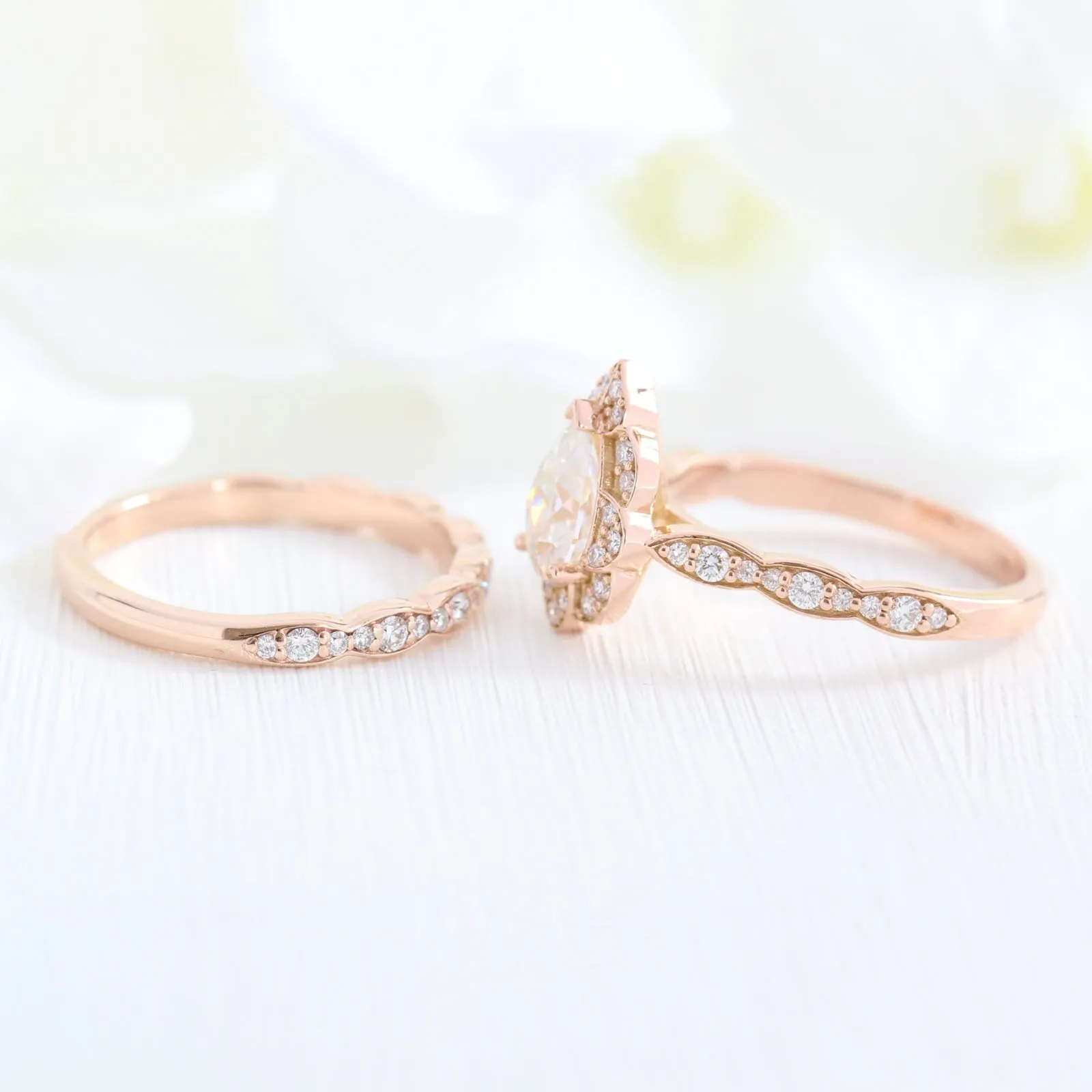 Vintage Floral Pear Ring Bridal Set w/ Moissanite and Matching Diamond Band
