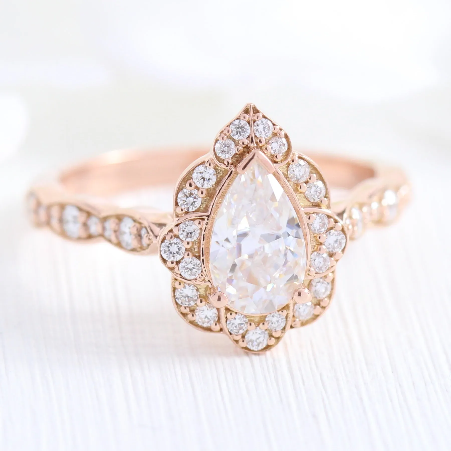 Vintage Floral Pear Ring Bridal Set w/ Moissanite and Matching Diamond Band