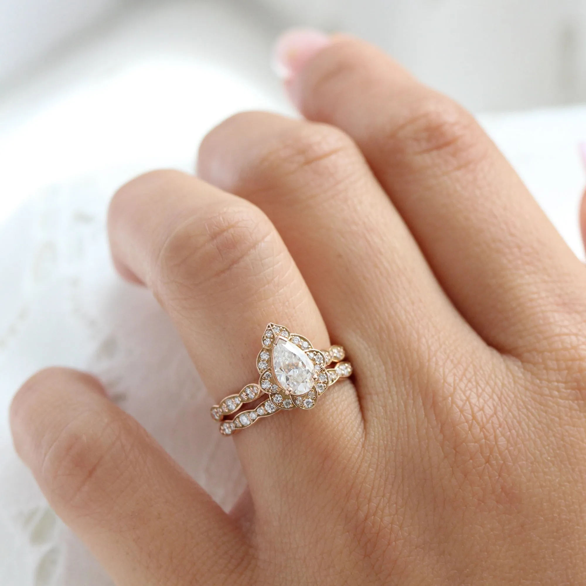 Vintage Floral Pear Ring Bridal Set w/ Moissanite and Matching Diamond Band