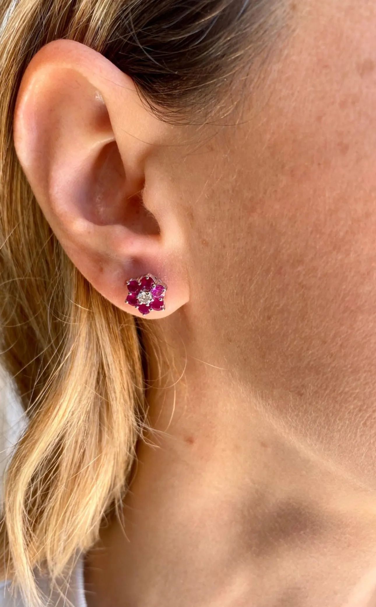 Vintage Ruby Diamond Gold Cluster Stud Earrings