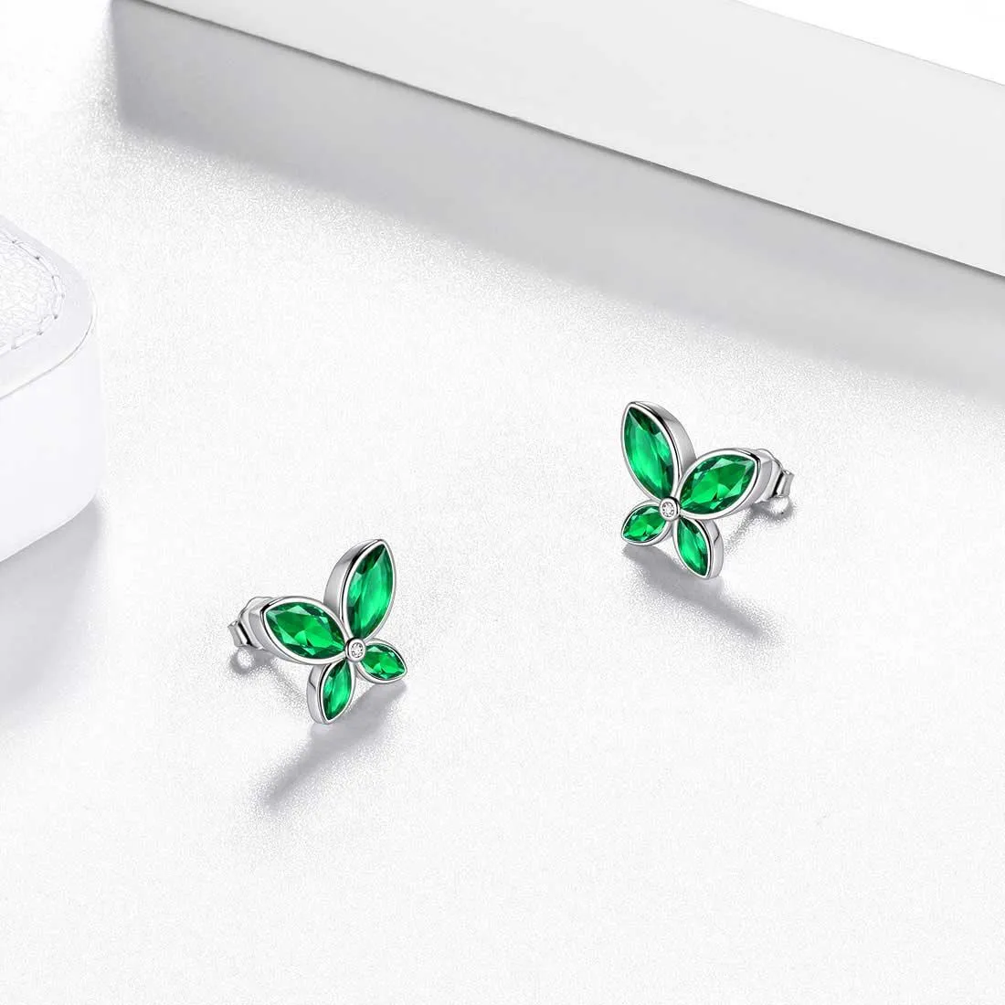 Women Butterfly Stud Earrings May Emerald Birthstone Earrings Girl Jewelry Gift