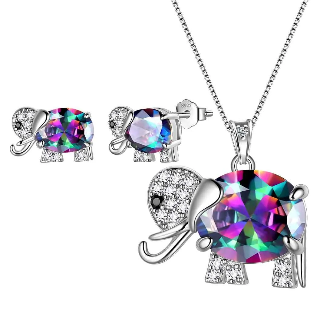 Women Elephant Necklace Earrings Ring Jewelry Set Mystic Topaz Girls Birthday Gift